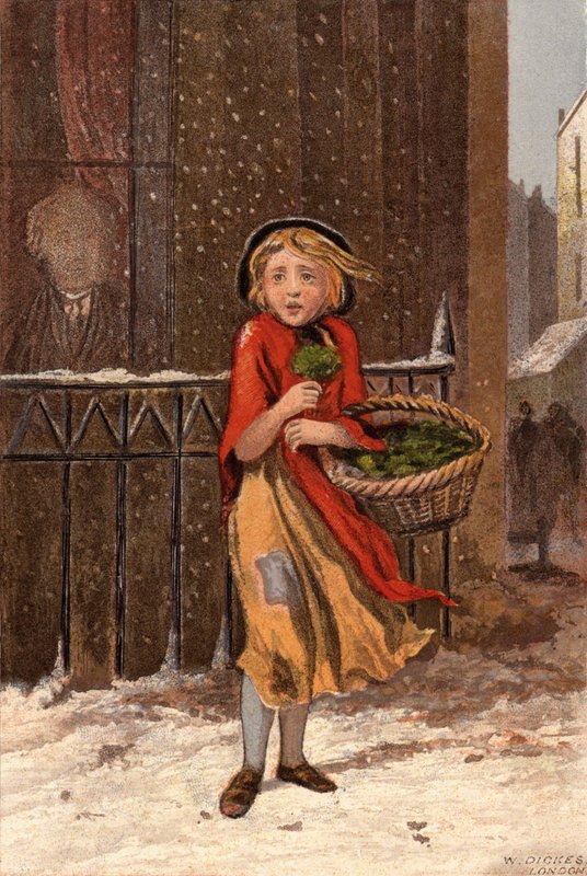 Chudinka prodávající řeřichu na zasněžené ulici (chromolitho) od William Dickes