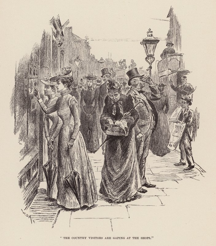 "Návštěvníci z venkova zírají na obchody" (rytina) od William Douglas Almond