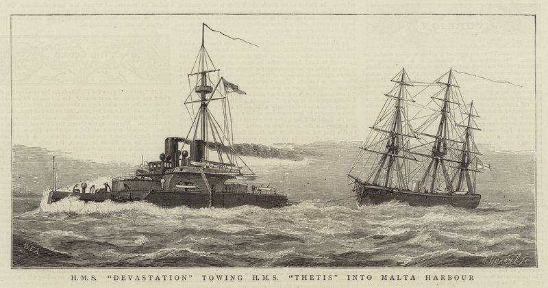 HMS Devastation táhne HMS Thetis do přístavu na Maltě od William Edward Atkins