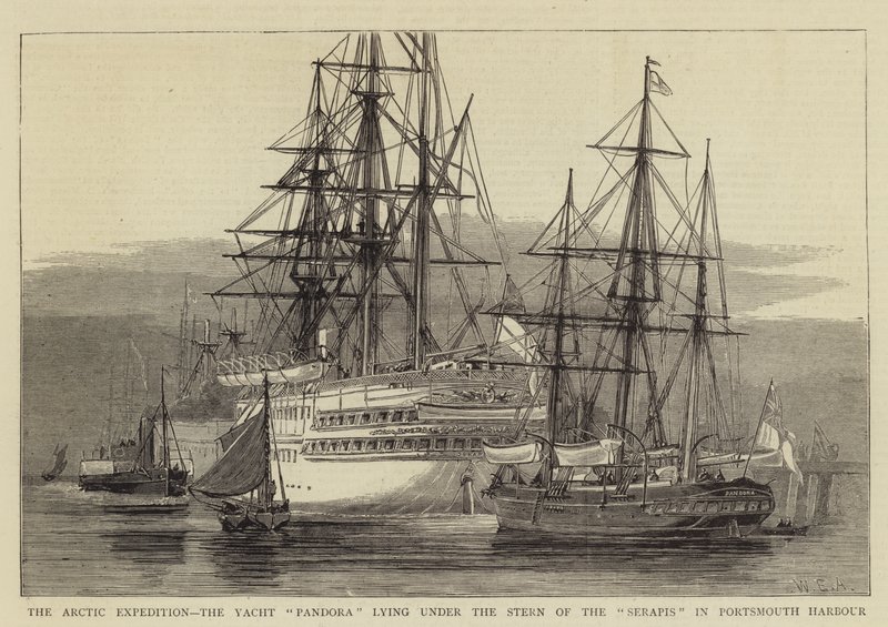 Arktická expedice, jachta Pandora ležící pod zádí Serapis v přístavu Portsmouth od William Edward Atkins