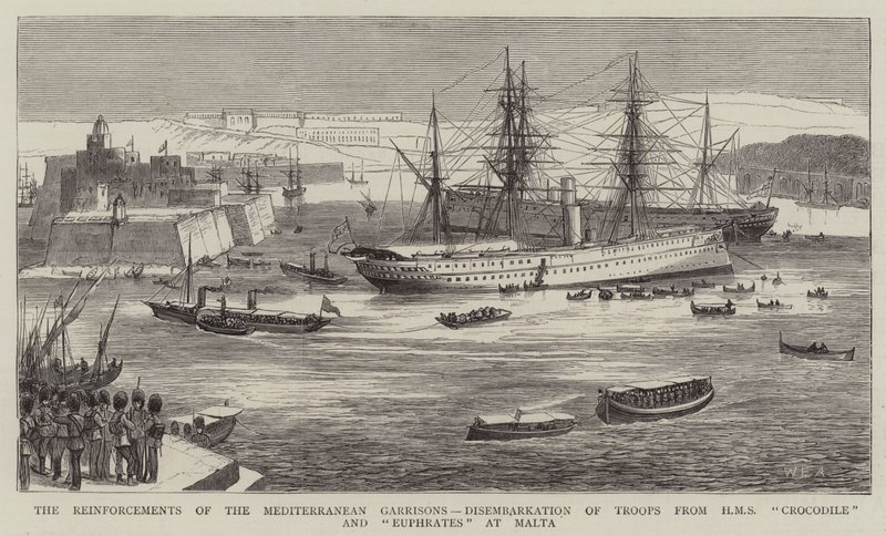 Posílení středomořských posádek, vylodění jednotek z HMS Crocodile a Eufrat na Maltě od William Edward Atkins