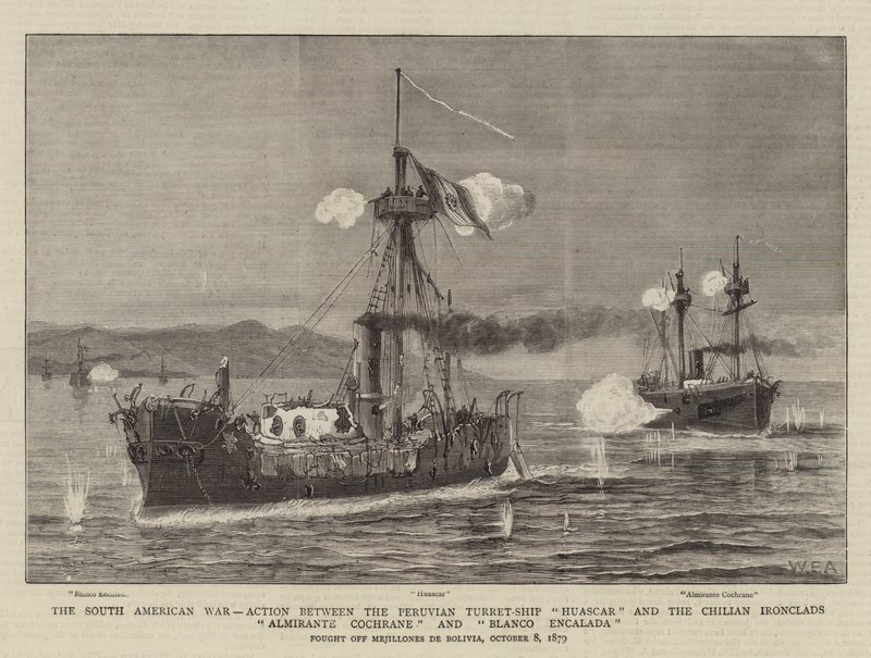Jihoamerická válka, akce mezi peruánskými věžičkami Huascar a chilskými Ironclady Almirante Cochrane a Blanco Encalada od William Edward Atkins