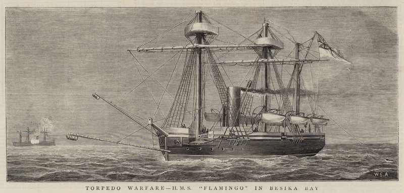 Torpedo Warfare, HMS Flamingo v zátoce Besika od William Edward Atkins