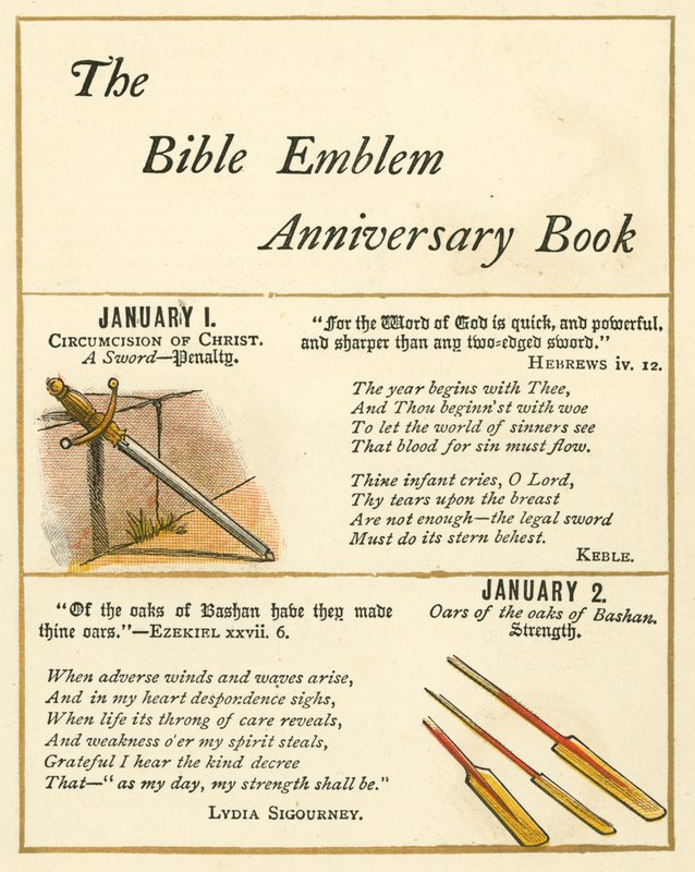 Stránka z knihy The Bible Emblem Anniversary Book (barevná litografie) od William Foster