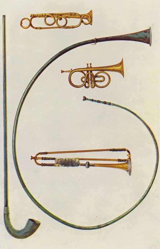 Hudební nástroje: Lituus a Buccina, kornet, trumpety (barevná litografie) od William Gibb