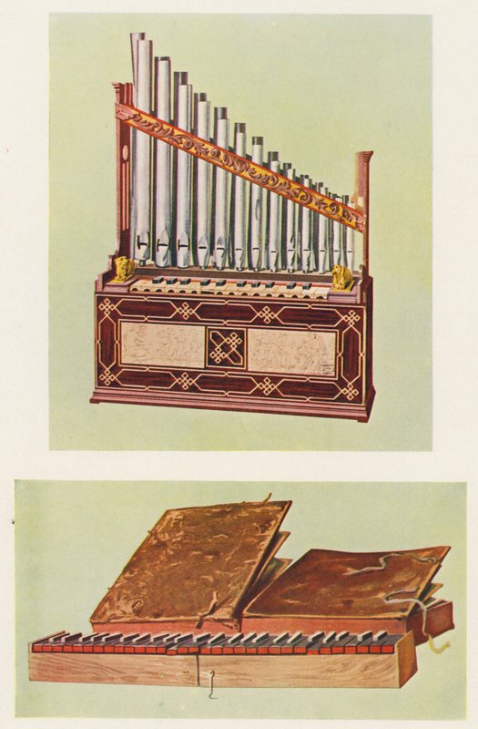 Hudební nástroje: Přenosné varhany a Bible regal (barevná litografie) od William Gibb