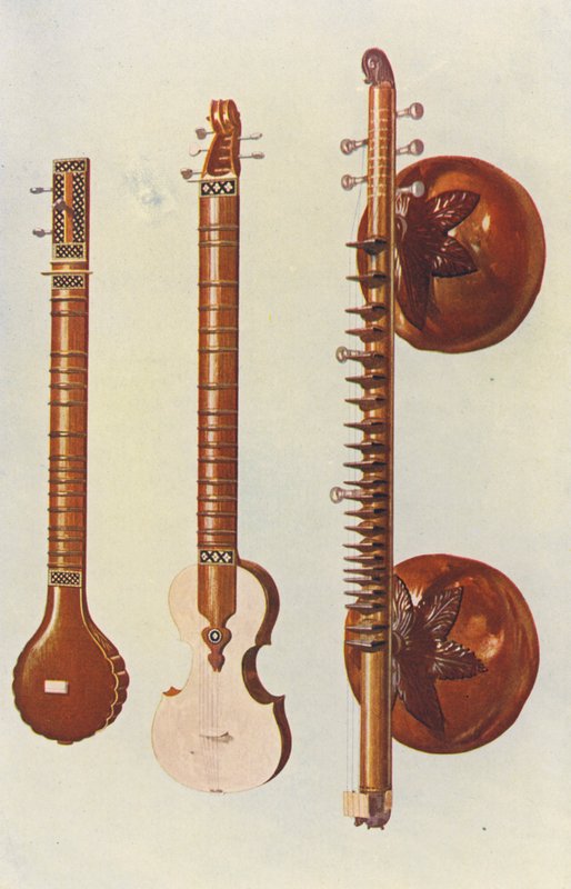 Hudební nástroje: Sitary a vinyly (barevná litografie) od William Gibb
