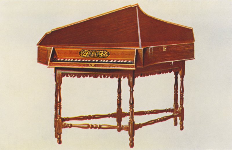 Hudební nástroje: Spinet (barevná litografie) od William Gibb