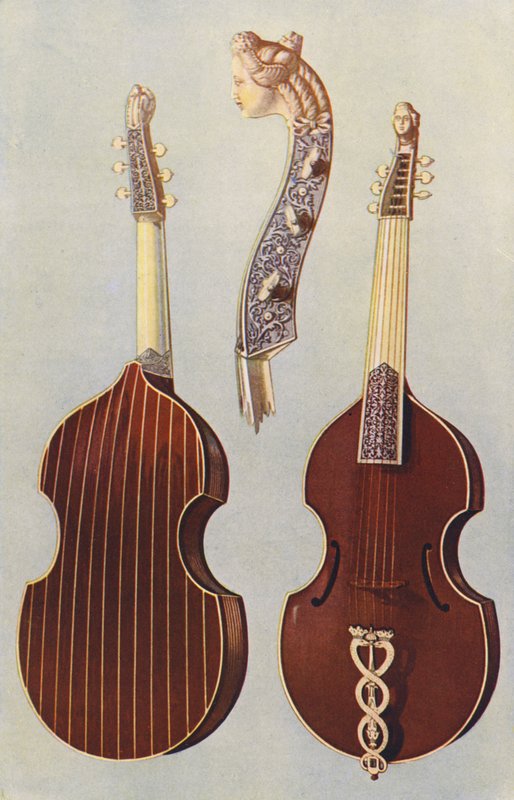 Hudební nástroje: Viola da gamba (barevná litografie) od William Gibb