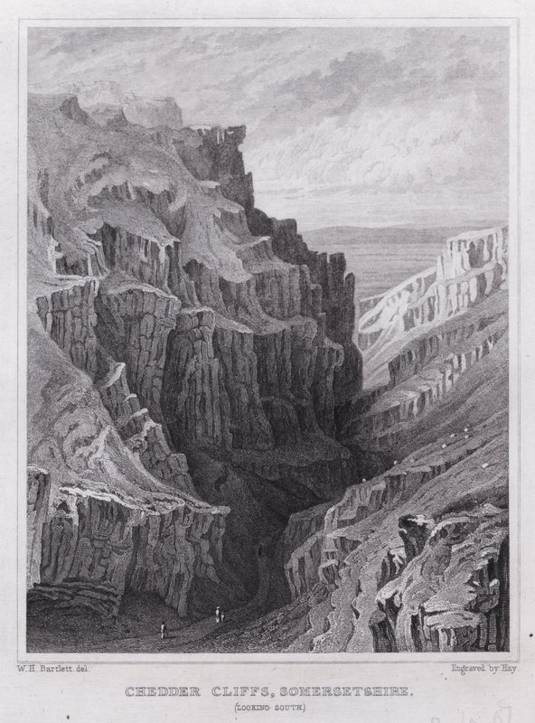 Cheddar Cliffs, Somersetshire, při pohledu na jih (rytina) od William H. Bartlett