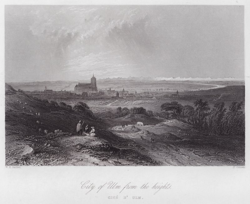Město Ulm z výšin (rytina) od William H. Bartlett