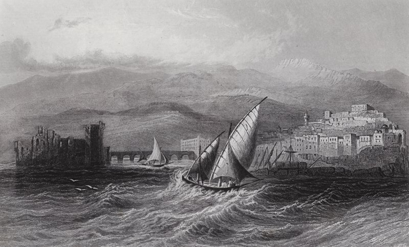 Sidon a hora Libanon, od moře (rytina) od William H. Bartlett