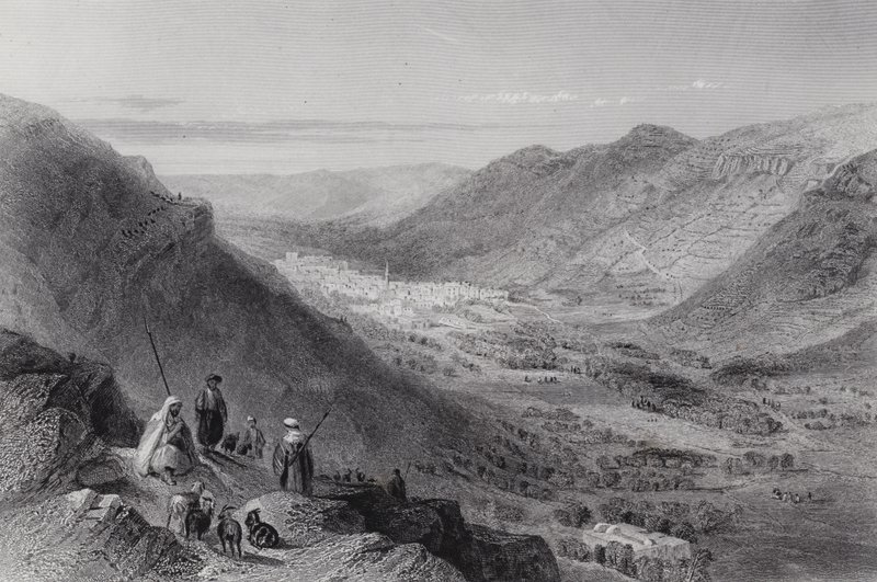 Údolí Sichem a Nablous, starověký Shechem (rytina) od William H. Bartlett