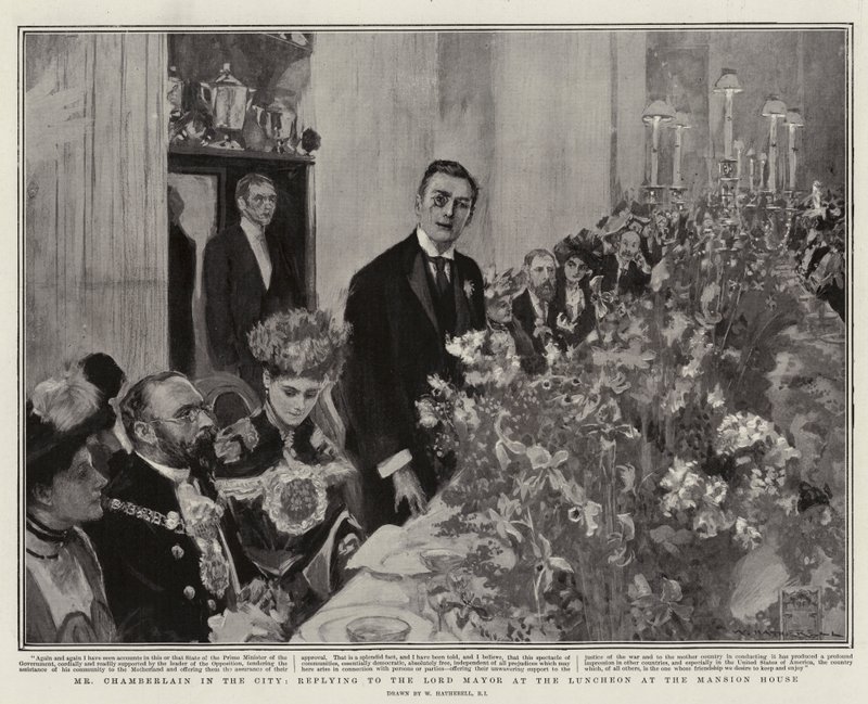 Pan Chamberlain ve městě, odpovídá lordu starostovi při obědě v Mansion House od William Hatherell