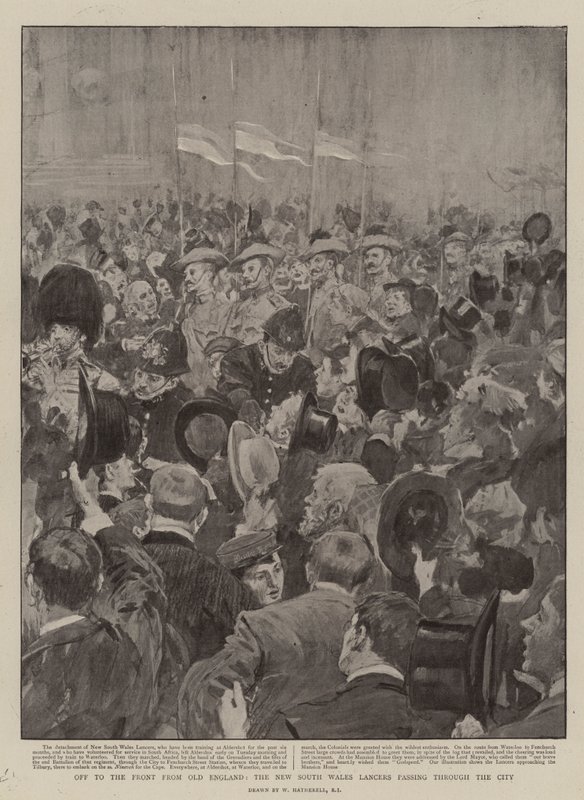 Na frontu ze staré Anglie, New South Wales Lancers projíždí městem od William Hatherell
