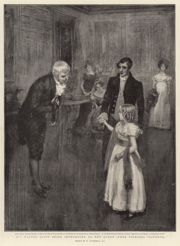 Sir Walter Scott je představen královně, poté princezně Victorii od William Hatherell