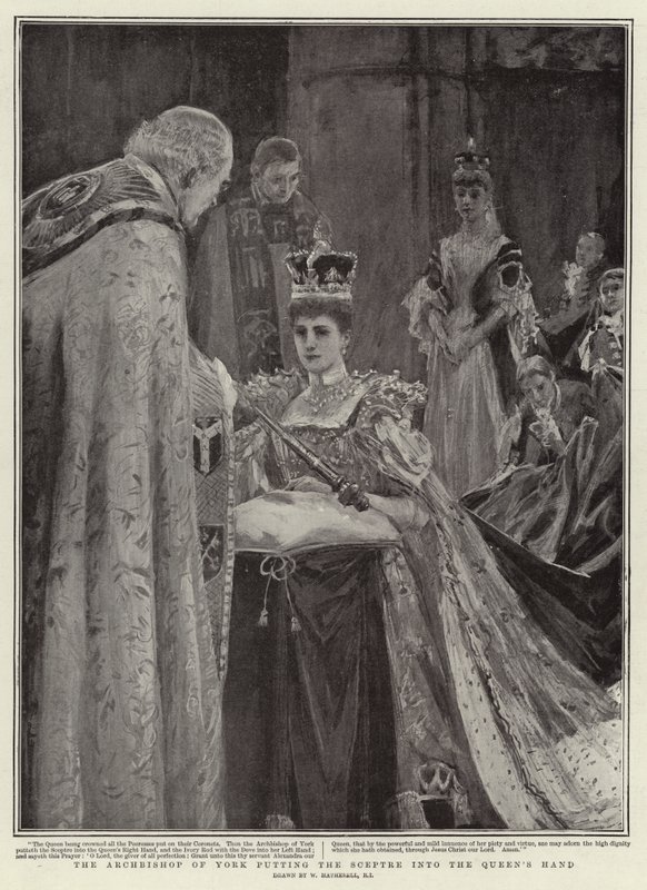 Arcibiskup z Yorku předává žezlo do rukou královny od William Hatherell