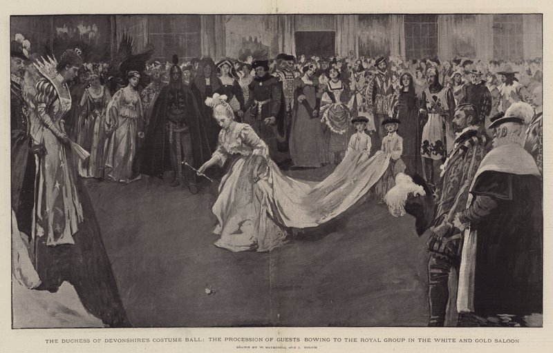Kostýmní ples vévodkyně z Devonshire, průvod hostů klanějících se královské skupině v Bílém a zlatém salonu, 1897 od William Hatherell