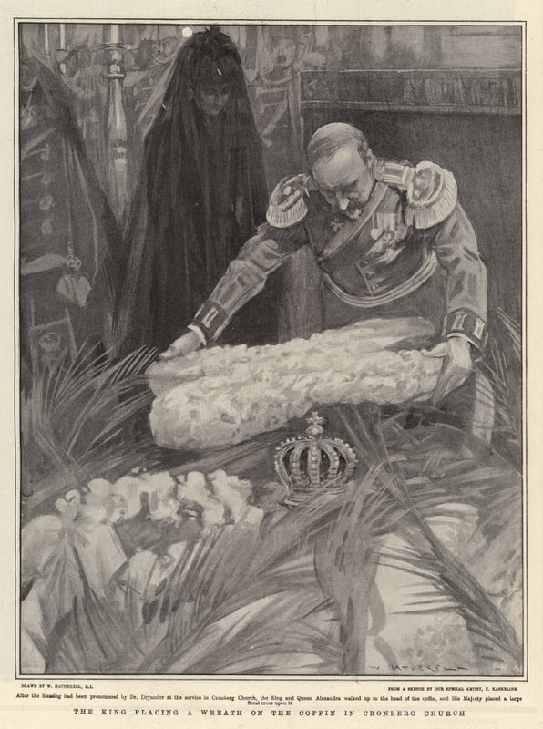 Král klade věnec na rakev v kostele Cronberg od William Hatherell