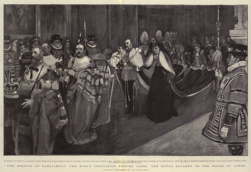 Otevření parlamentu, královský průvod procházející podél Královské galerie do Sněmovny lordů od William Hatherell
