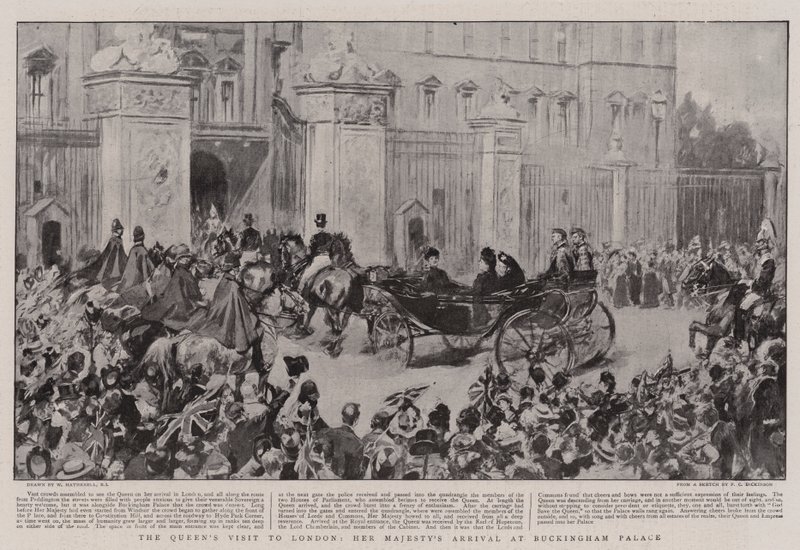 Návštěva královny v Londýně, příjezd Jejího Veličenstva do Buckinghamského paláce od William Hatherell
