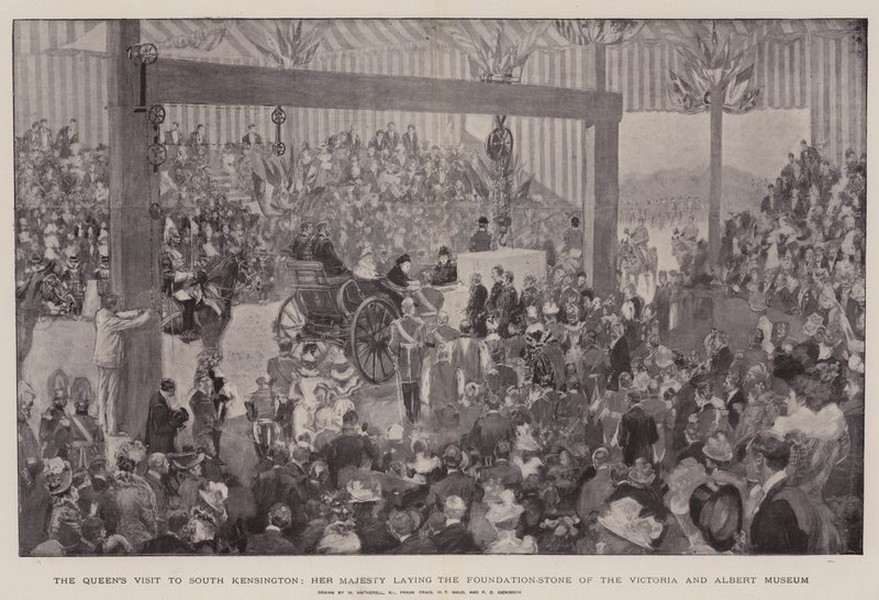 Návštěva královny v South Kensington, Její Veličenstvo položilo základní kámen Victoria and Albert Museum od William Hatherell