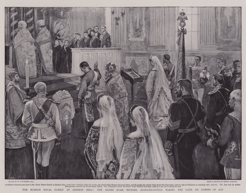 Ruská královská rodina v Zarskoe Selo, velkovévoda Michael Alexandrovič složil přísahu o dosažení zletilosti od William Hatherell