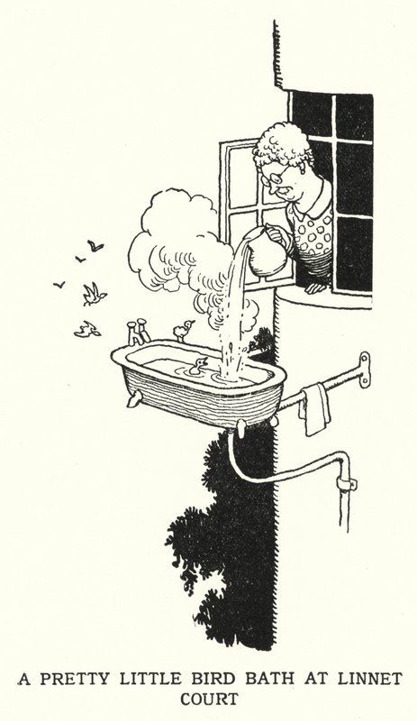 A Pretty Little Bird Bath v Linnet Court (litho) od William Heath Robinson