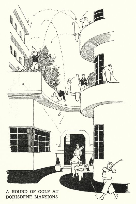 Kolo golfu v Dorisdene Mansions (litho) od William Heath Robinson