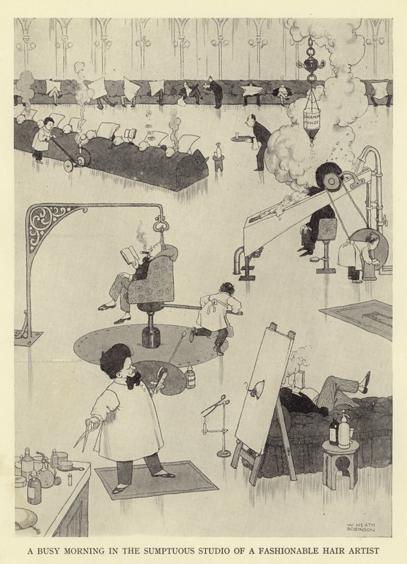 Rušné ráno v přepychovém ateliéru módní vlasové umělkyně od William Heath Robinson