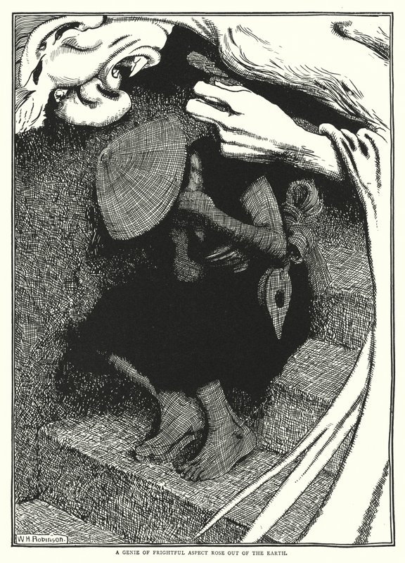 Džin děsivého vzhledu povstal ze země (rytina) od William Heath Robinson