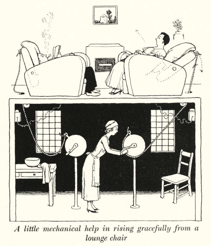 Malá mechanická pomoc při ladném vstávání z křesla (litho) od William Heath Robinson
