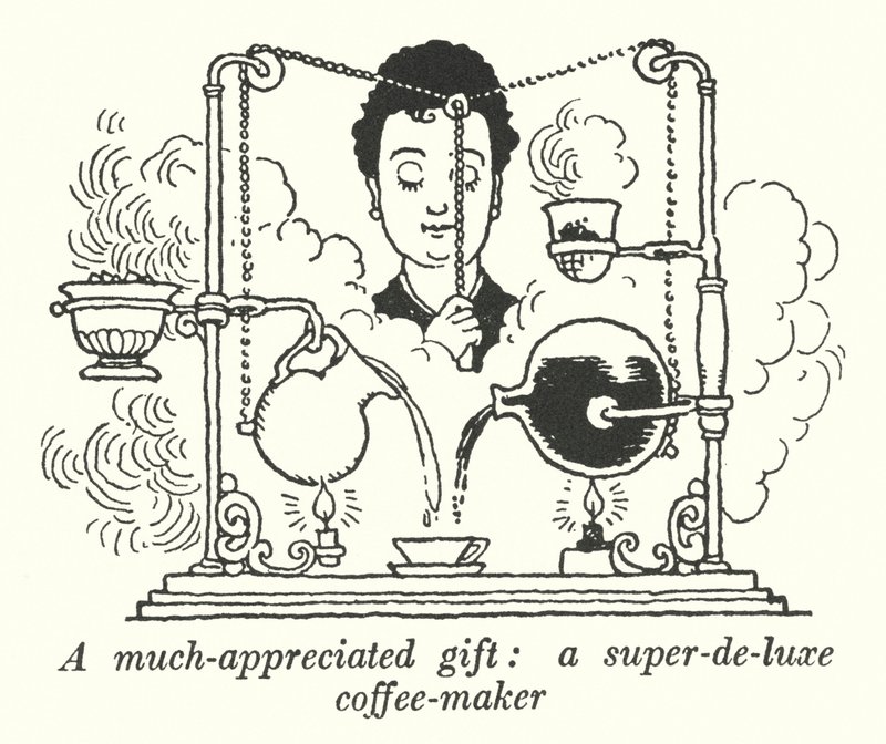 Velmi ceněný dárek, super-de-luxe kávovar (litho) od William Heath Robinson