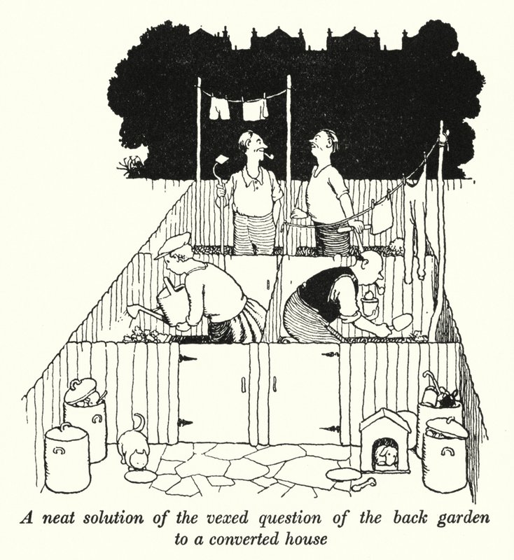 Úhledné řešení nepříjemné otázky zadní zahrady k přestavěnému domu (litho) od William Heath Robinson