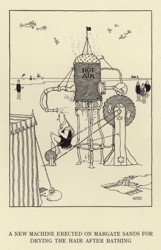 Nový stroj na sušení vlasů po koupání postavený na Margate Sands od William Heath Robinson