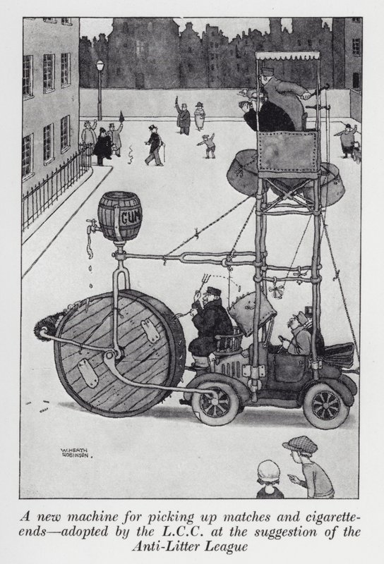 Nový stroj na sbírání zápalek a nedopalků cigaret přijatý LCC na návrh Ligy proti vrhu (litho) od William Heath Robinson