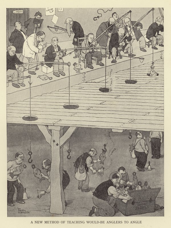 Nová metoda, jak naučit budoucí rybáře lovit pod úhlem od William Heath Robinson