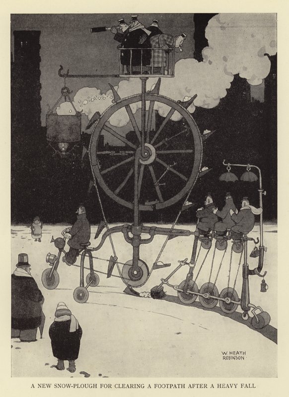 Nový sněhový pluh pro čištění pěšiny po těžkém pádu od William Heath Robinson