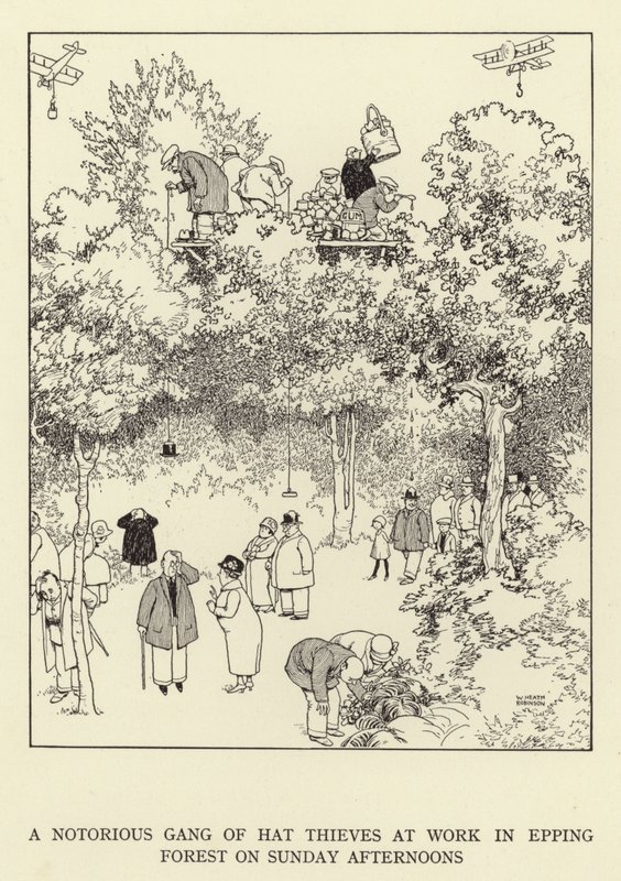 Známý gang zlodějů klobouků v neděli odpoledne v Epping Forest od William Heath Robinson
