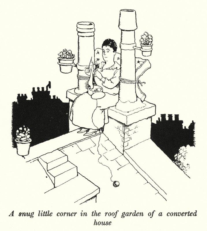 Útulný malý koutek ve střešní zahradě přestavěného domu (litho) od William Heath Robinson
