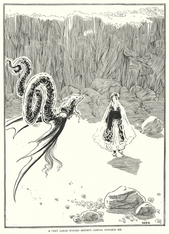 Velmi velký okřídlený had jde ke mně (rytina) od William Heath Robinson