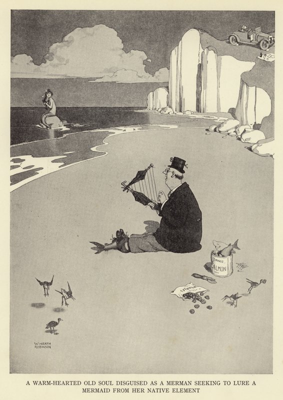 Vřelá stará duše převlečená za mořského muže, který se snaží vylákat mořskou pannu z jejího rodného živlu od William Heath Robinson