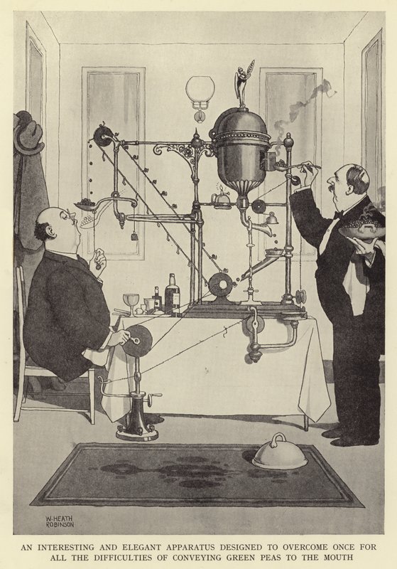 Zajímavý a elegantní přístroj navržený tak, aby jednou provždy překonal obtíže spojené s podáváním zeleného hrášku do úst od William Heath Robinson