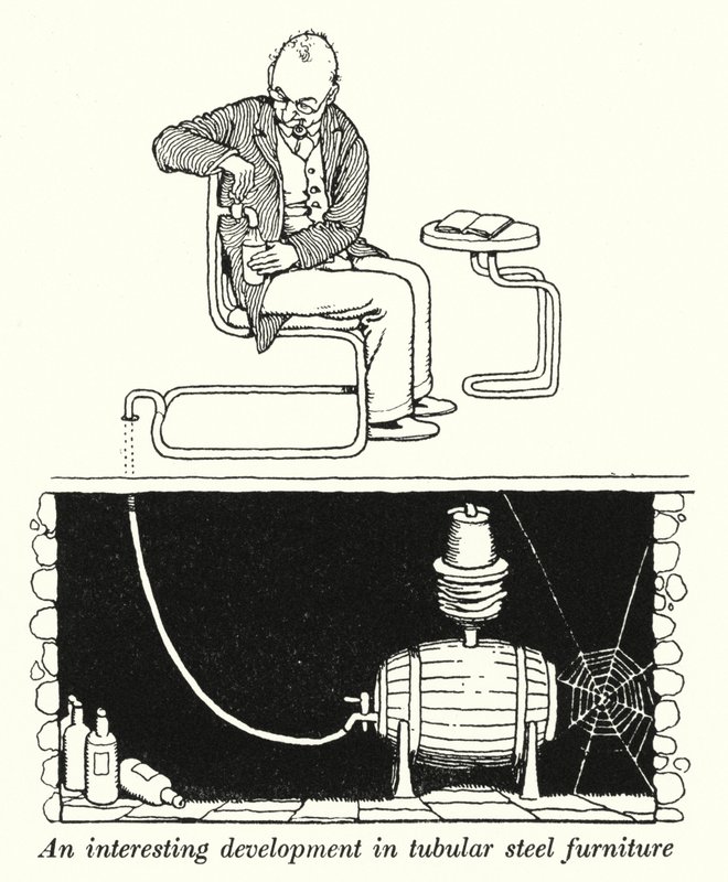 Zajímavý vývoj v trubkovém ocelovém nábytku (litho) od William Heath Robinson