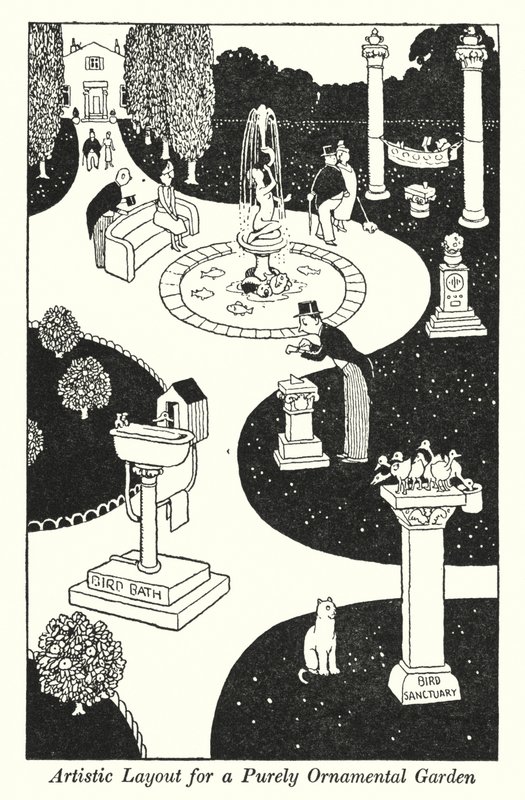 Umělecké rozvržení pro čistě okrasnou zahradu (litho) od William Heath Robinson