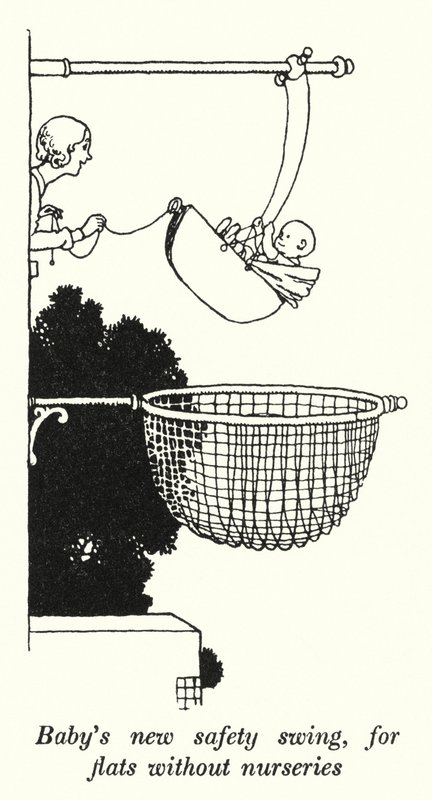Nová bezpečnostní houpačka pro miminko, do bytu bez jeslí (litho) od William Heath Robinson