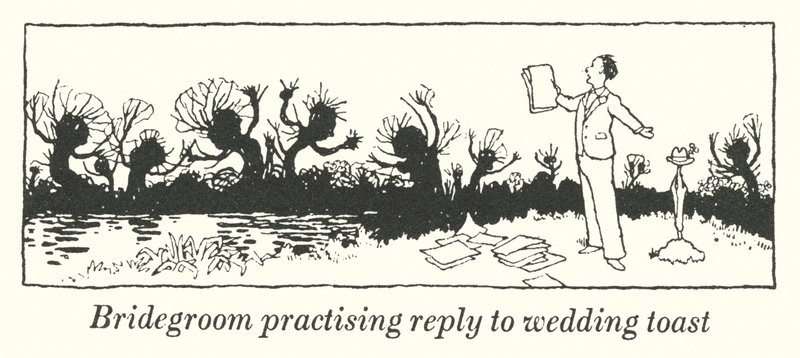 Ženich cvičí odpověď na svatební přípitek (litho) od William Heath Robinson