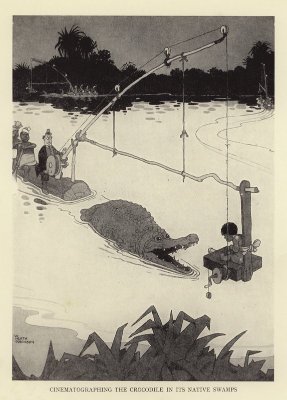 Natáčení krokodýla v jeho původních bažinách od William Heath Robinson