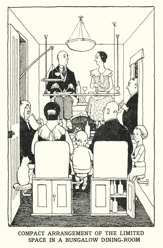 Kompaktní uspořádání omezeného prostoru v jídelně bungalovu (litho) od William Heath Robinson