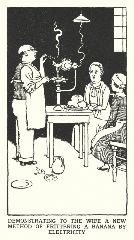 Ukázat manželce nový způsob smažení banánů elektřinou (litho) od William Heath Robinson